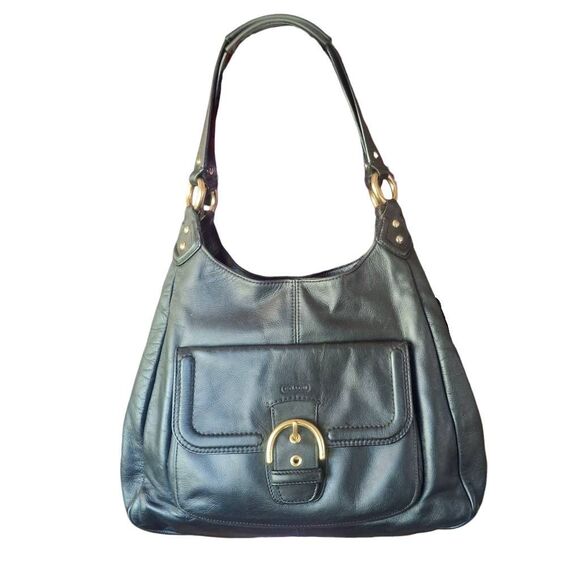 Coach Campbell Black Leather Shoulder Bag w/ Dust Bag – Triple Compartment – Gol - Picture 1 of 13
